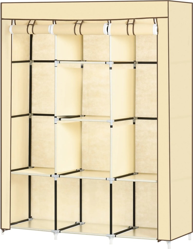 HOMCOM Szövet Szekrény, Ruhatartó Rúdakkal, 8 Tiers, Összecsukható Szekrény, Hálószobai, Előszobai Használatra, Nem Szőtt Anyagból, Bézs, 125 x 43 x 1