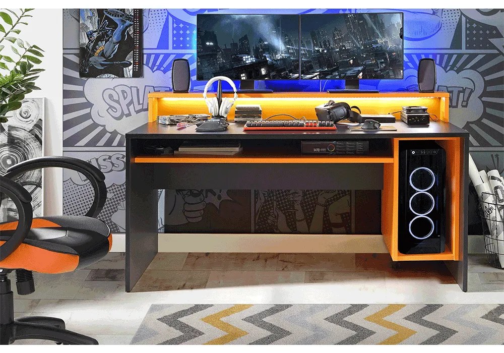 Számítógépasztal/gamer asztal, fekete matt/narancssárga, TEZRO