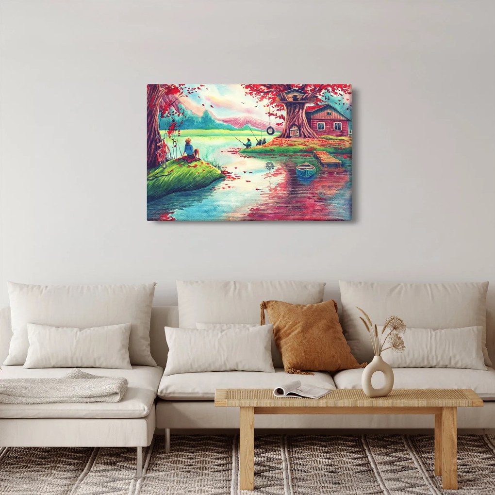 Kép - akvarell, Öböl egy hegyi faluban (90x60 cm)
