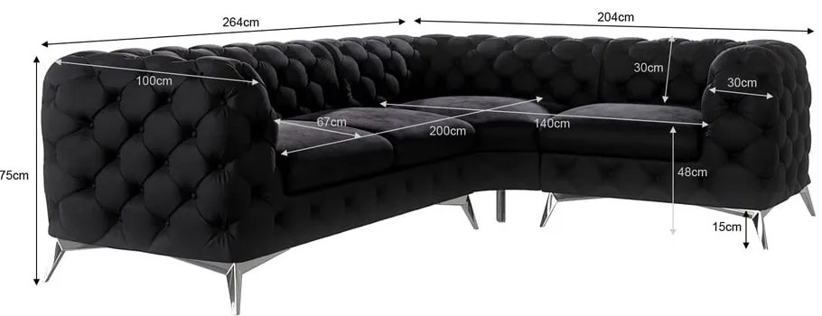 Fekete bársony sarokkanapé (jobb oldali-L alakú) Chelsea – Ropez