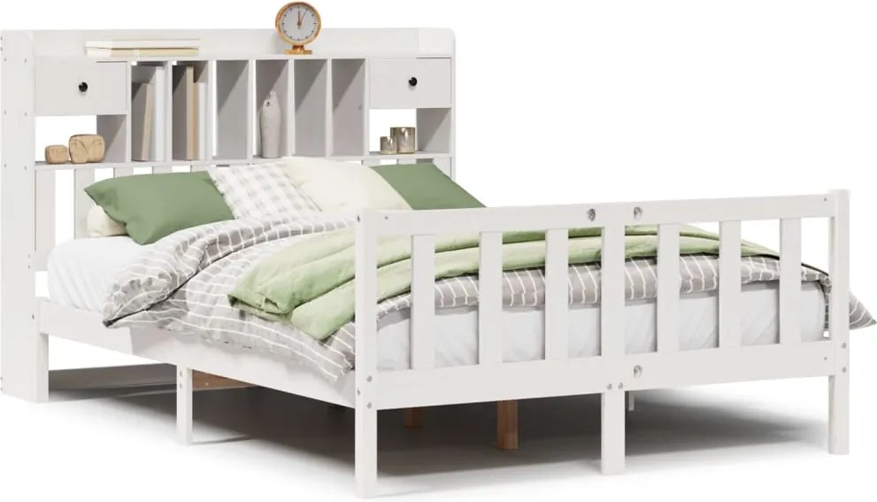 vidaXL fehér tömör fenyőfa könyvespolcos ágy matrac nélkül 140x190 cm