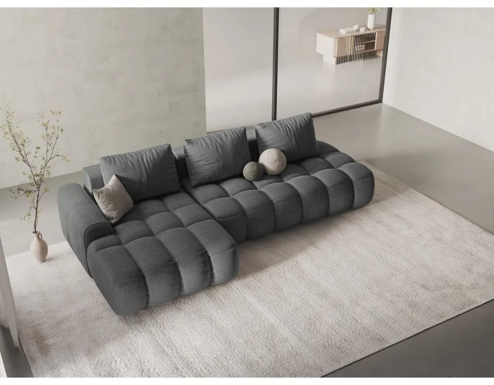 Szürke kinyitható-tárolóhelyes sarokkanapé (bal oldali-heverő résszel) Linz – Cosmopolitan Design