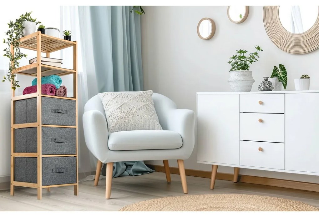 G21 Bambusz polc kosarakkal, 5 polc, szürke, 5 emelet