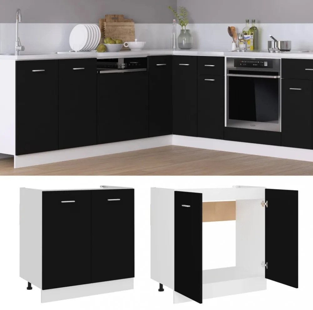 fekete szerelt fa mosogató alsószekrény 80 x 46 x 81,5 cm