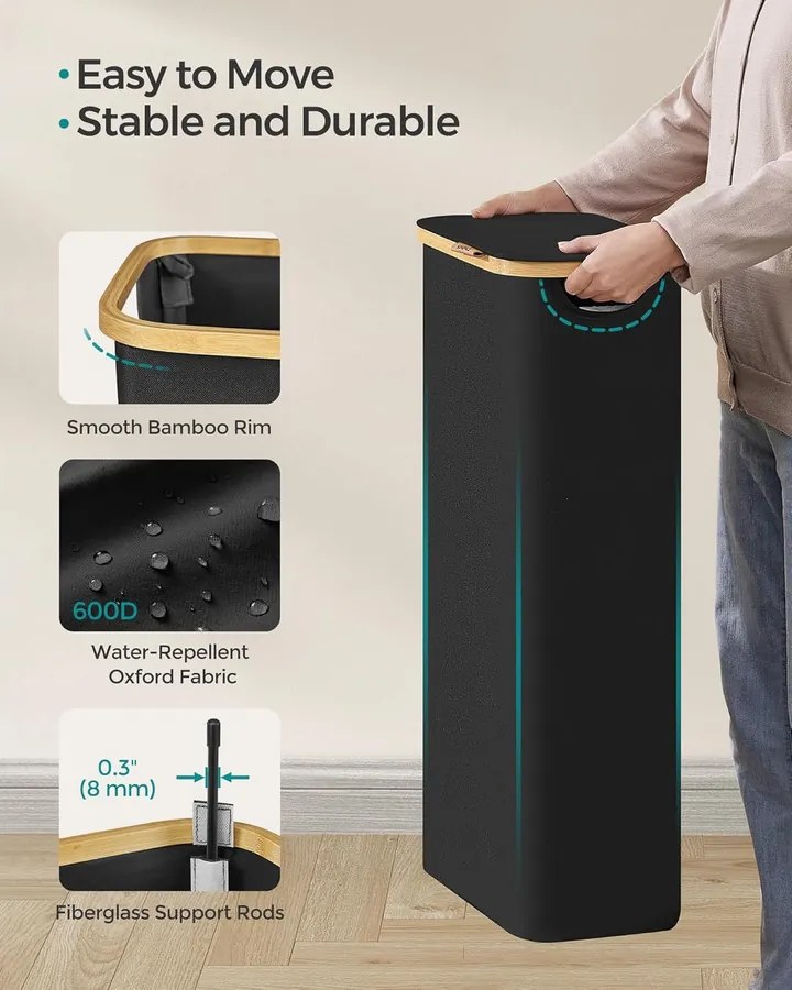 SONGMICS 65L szennyeskosár fedéllel, keskeny kialakítás, 42 × 22,5 × 70,5 cm, fekete