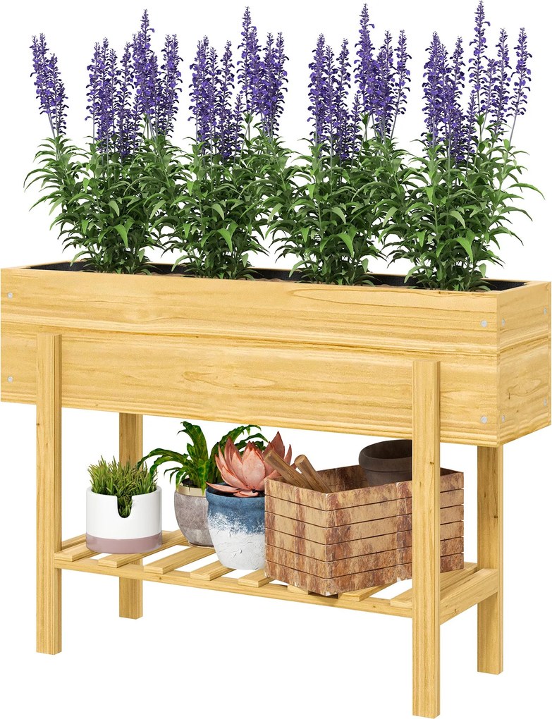 Outsunny Magaságyás Polccal, Emelt Fűszerkert Ültető Edény Drainage Lyukakkal, Fa Növényládák, Időjárásálló Zöldséges Ágyás, Kerti Ágyás, Ültető Ágyás