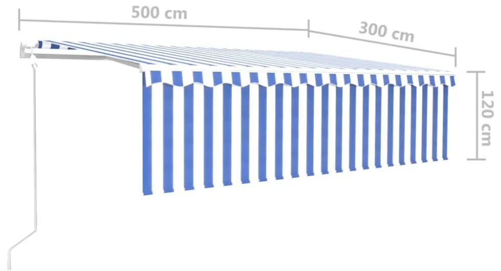 kék és fehér redőnyös, szélérzékelős, LED-es napellenző 5x3 m