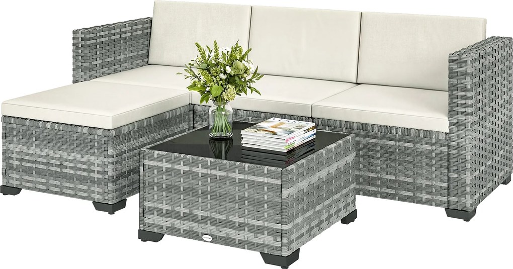 Outsunny 5 részes PE-rattan kerti lounge garnitúra — sarokkanapé, puff és dohányzóasztal, párnákkal, 4 személyes | Aosom