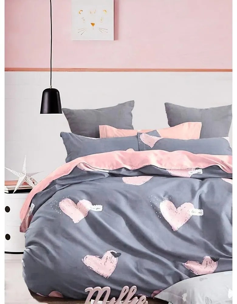 Rózsaszín-szürke kétszemélyes hosszabbított négyrészes renforcé pamut ágyneműhuzat lepedővel 200x220 cm Beloved – Mila Home