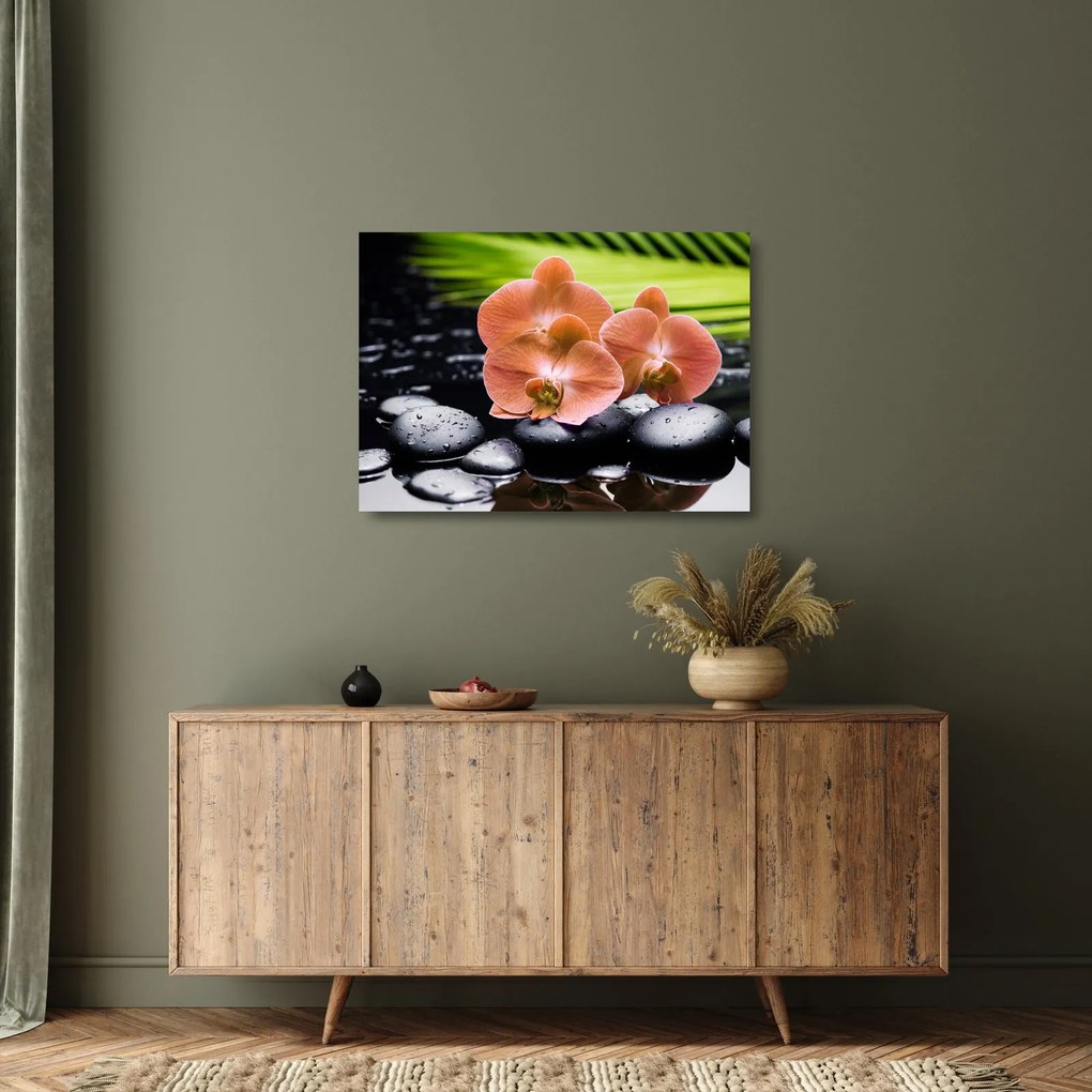 Üveg kép - Narancssárga orchidea pálmalevelekkel (70x50 cm)