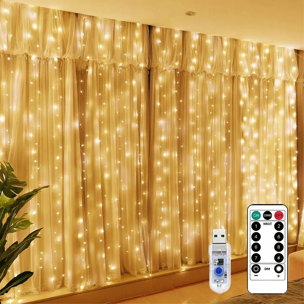 Led Fényfüggöny Ablakra 300LED 3x3m Lámpák Meleg Fehér Girland Távirányító