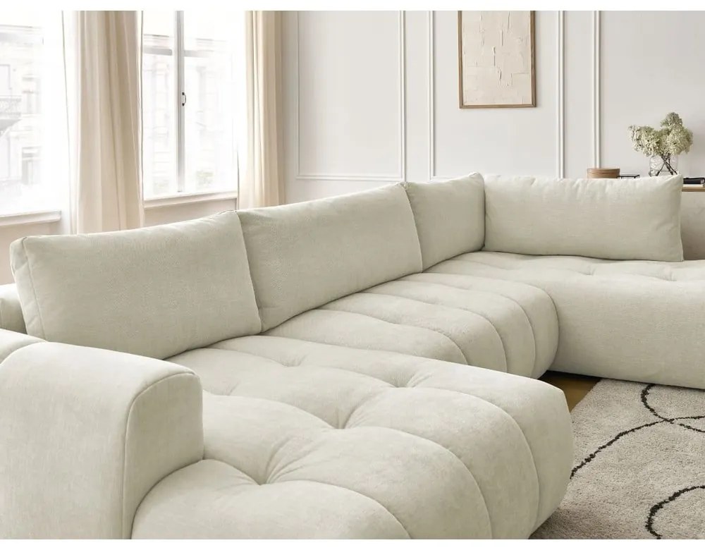 Bézs kinyitható-tárolóhelyes sarokkanapé (jobb oldali-U alakú) Fuji – Bobochic Paris