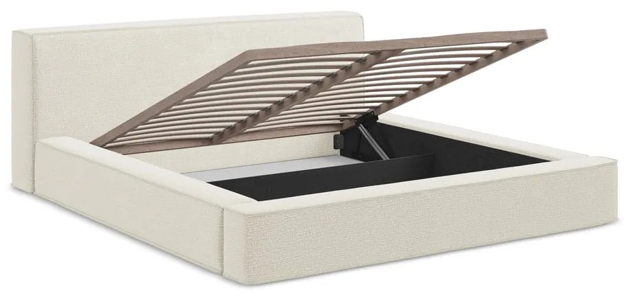 Krémszínű kárpitozott ágyneműtartós franciaágy ágyráccsal 140x200 cm Noho – Makamii