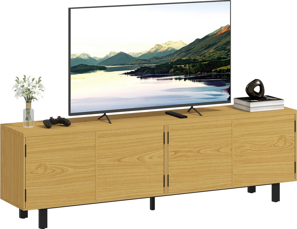 HOMCOM 180 cm TV-állvány — natúr fa hatás, akár 208 cm (82 colos) TV-hez, 4 nyomásra nyíló ajtó | Aosom