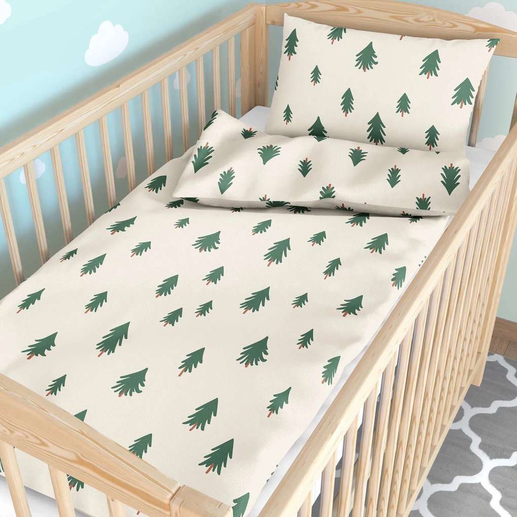Goldea karácsonyi gyermek pamut ágyneműhuzat kiságyba - fenyőfák natúr alapon 90 x 130 és 40 x 60 cm
