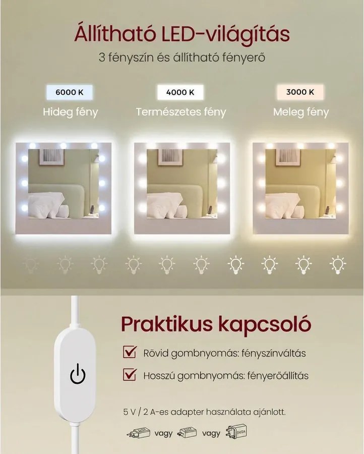 VASAGLE Kailyn LED-es fésülködőasztal tükörrel és töltőállomással, felhőfehér