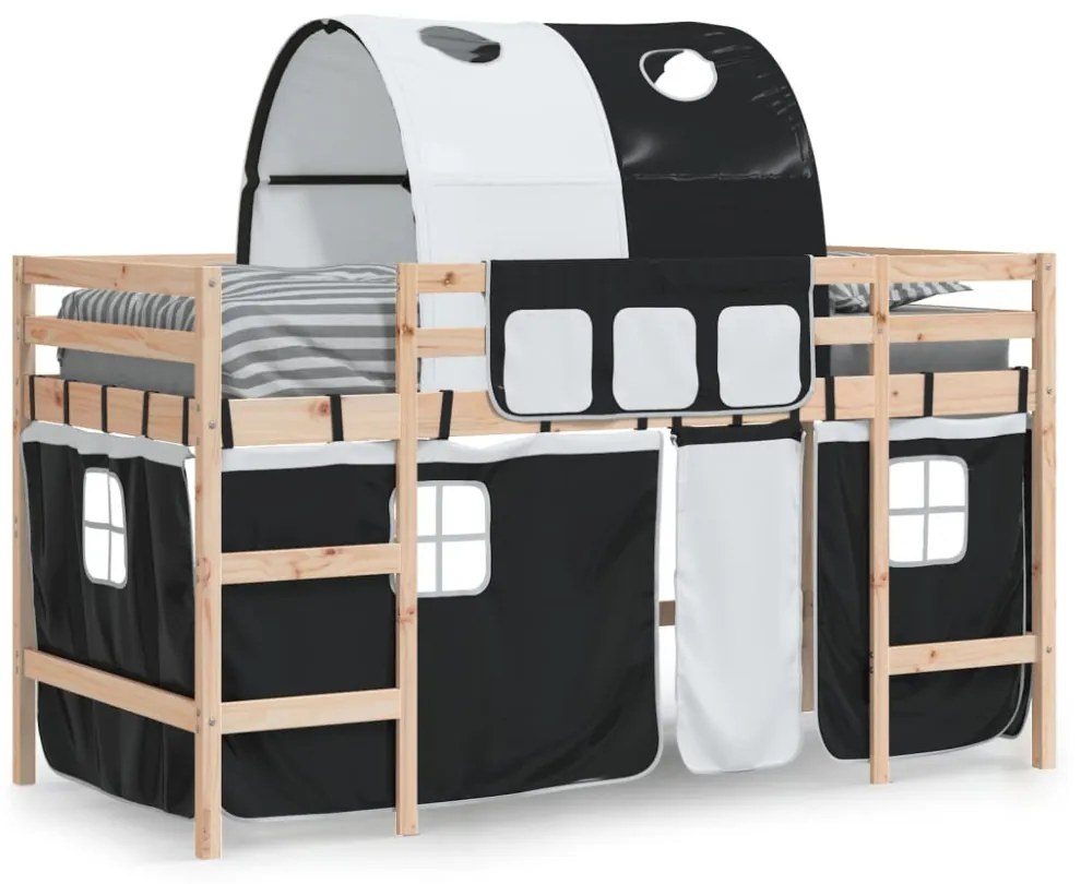 fehér-fekete tömör fenyő gyerek galériaágy alagúttal 90x190 cm