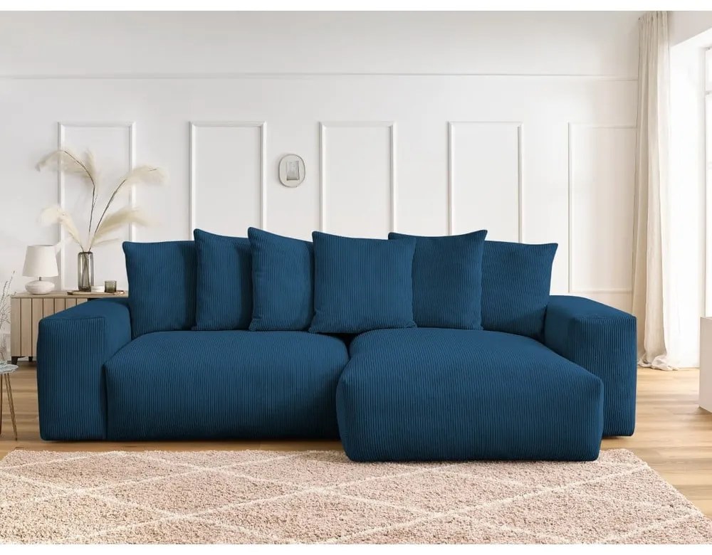 Kék kordbársony kinyitható-tárolóhelyes sarokkanapé Voltaire – Bobochic Paris