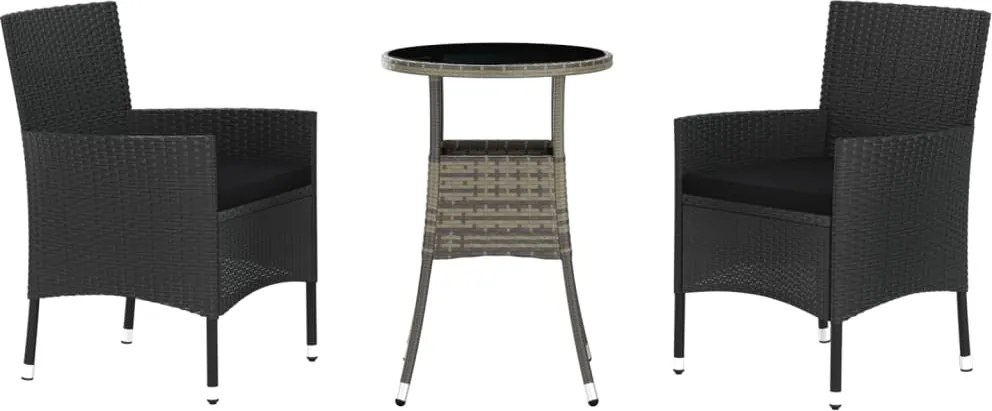 vidaXL 3 részes fekete polyrattan kerti bisztrógarnitúra párnákkal