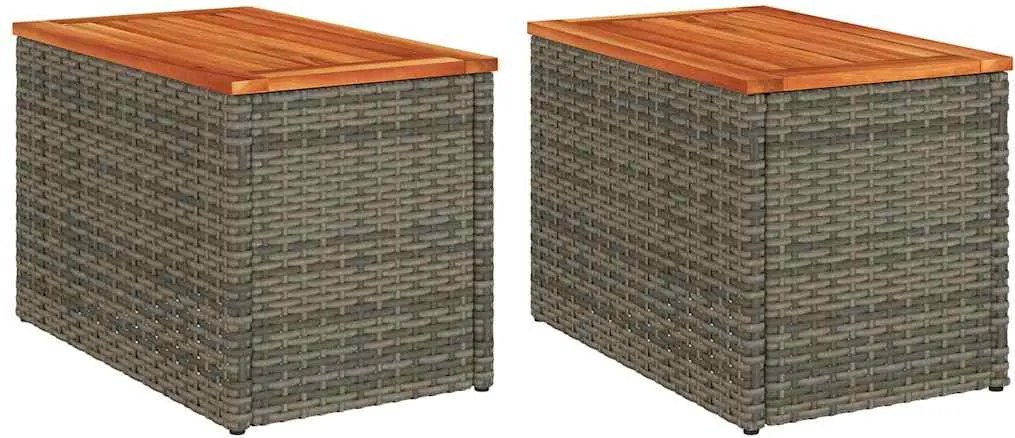 vidaXL 2 db szürke polyrattan és tömör fa kerti kisasztal 55x34x37 cm
