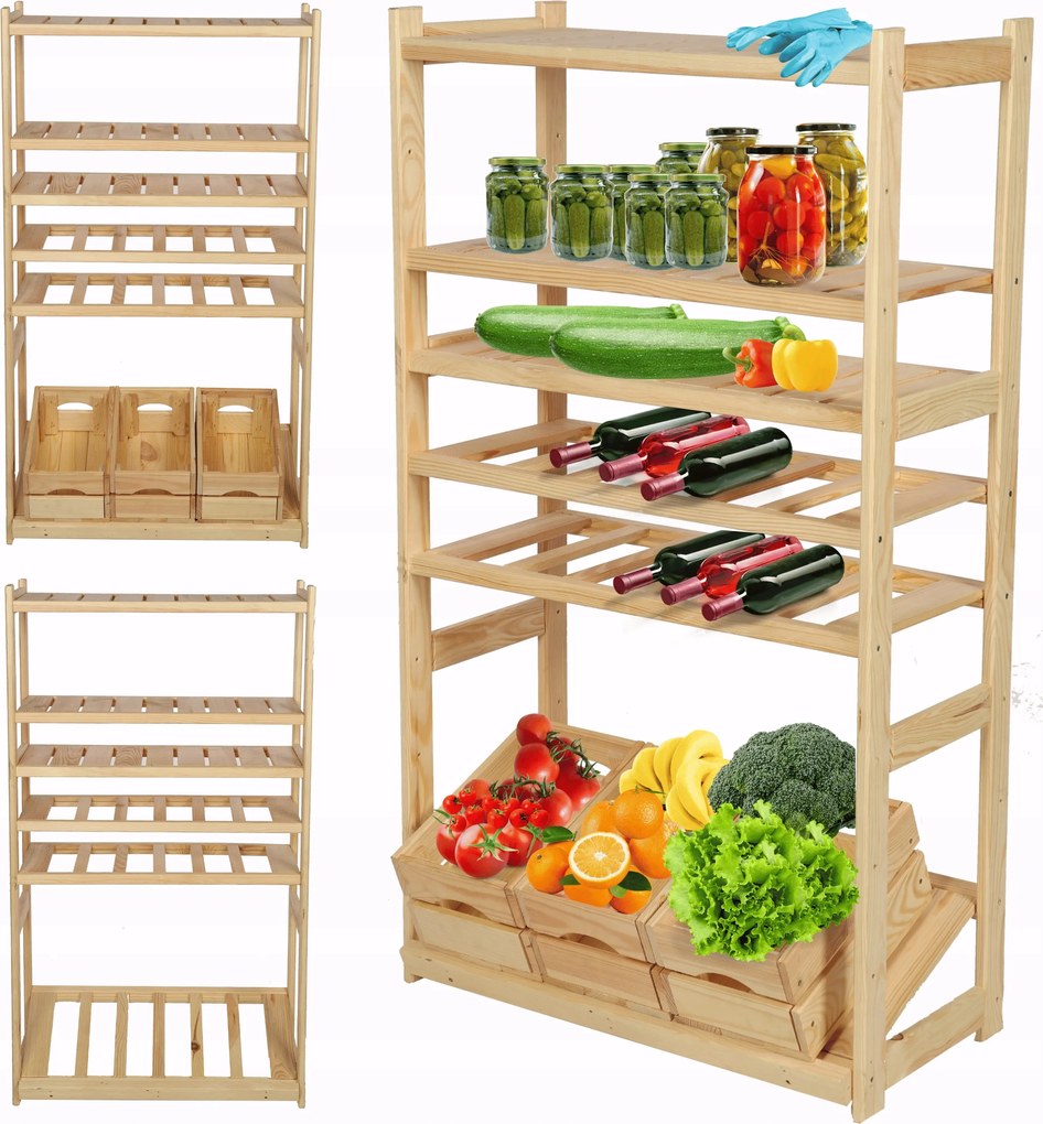 Fenyő könyvespolc kamra ládatartó bortartó állvány 6 polc Tágas