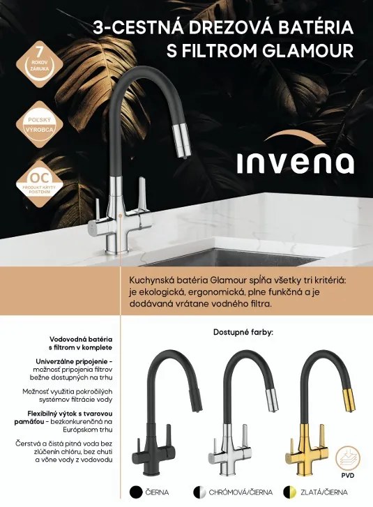 Invena Magic, szabadon álló mosogatócsap flexibilis karral és ivóvízszűrővel, fekete, INV-BZ-08-F04-V