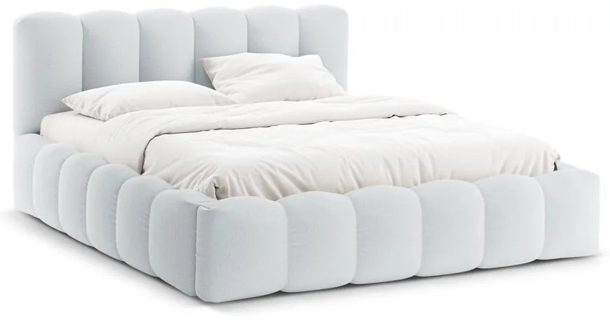 Világosszürke kárpitozott ágyneműtartós franciaágy ágyráccsal 200x200 cm Lupine – Micadoni