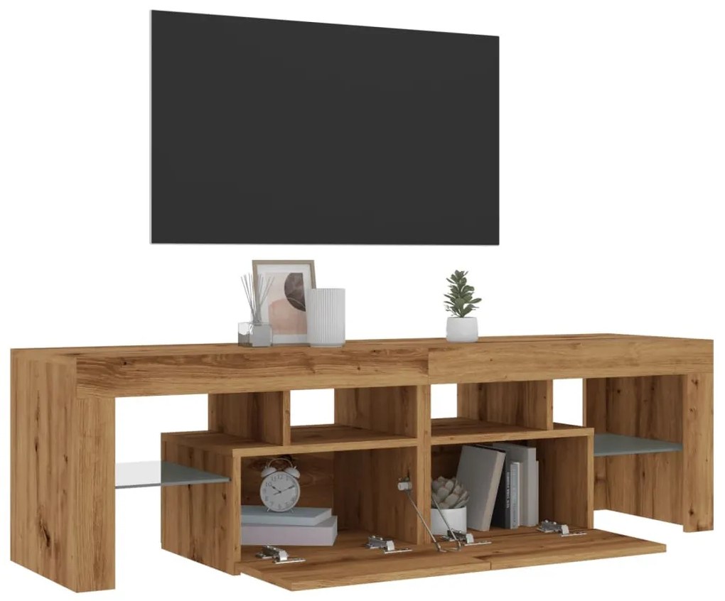 kézműves tölgy szerelt fa TV-szekrény LED-ekkel 140x36,5x40 cm