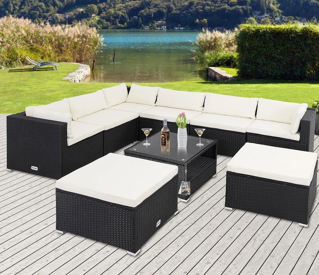 Casaria® Kerti rattan készlet XXL - fekete/krém párnák