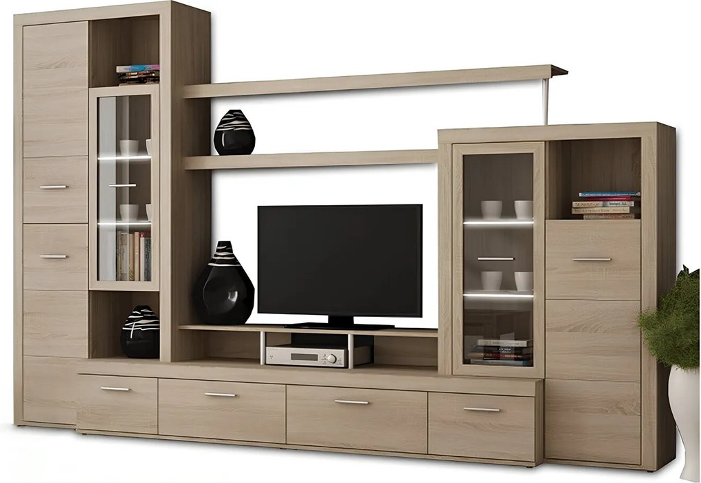 Nappali sor LED világítással, sonoma tölgyfa, ATLANTIS NEW