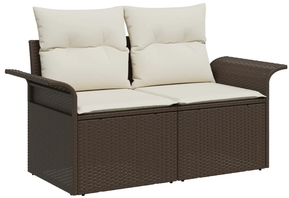 8 Részes Kert Sofaszett Párnákkal Barna Poli Rattan, 2-Személyes Kert Sofa Tárolóval és Párnákkal Barna Poli Rattan
