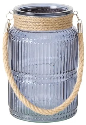 Kék bordásüveg mécsestartó kötél füllel 21x13,5 cm