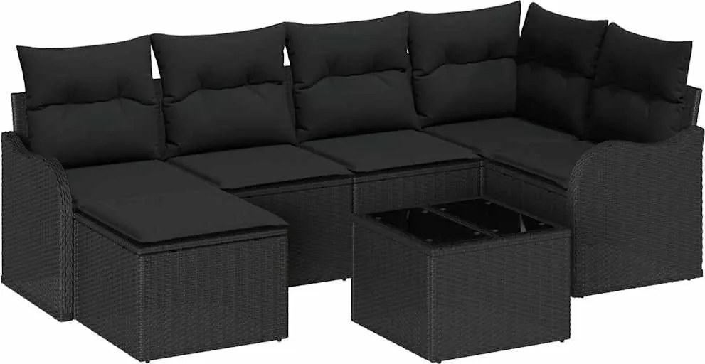 vidaXL Kerti Kanapé Szett párnával 7 pcs Fekete Poli rattan