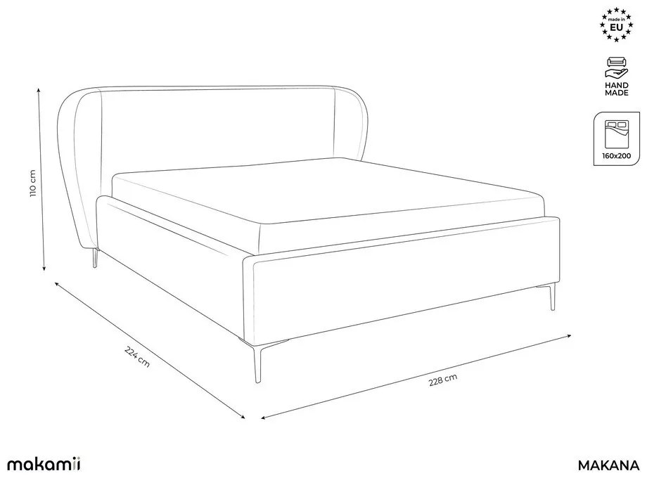 Világosszürke kárpitozott franciaágy ágyráccsal 160x200 cm Makana – Makamii