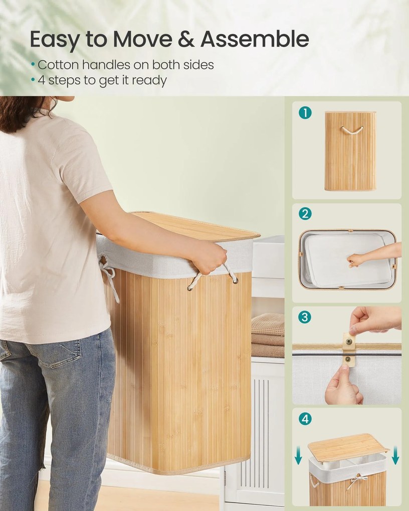 Fedeles bambusz mosókosár, 100 L, 2 rekeszes, hajtogatható bélészsákkal