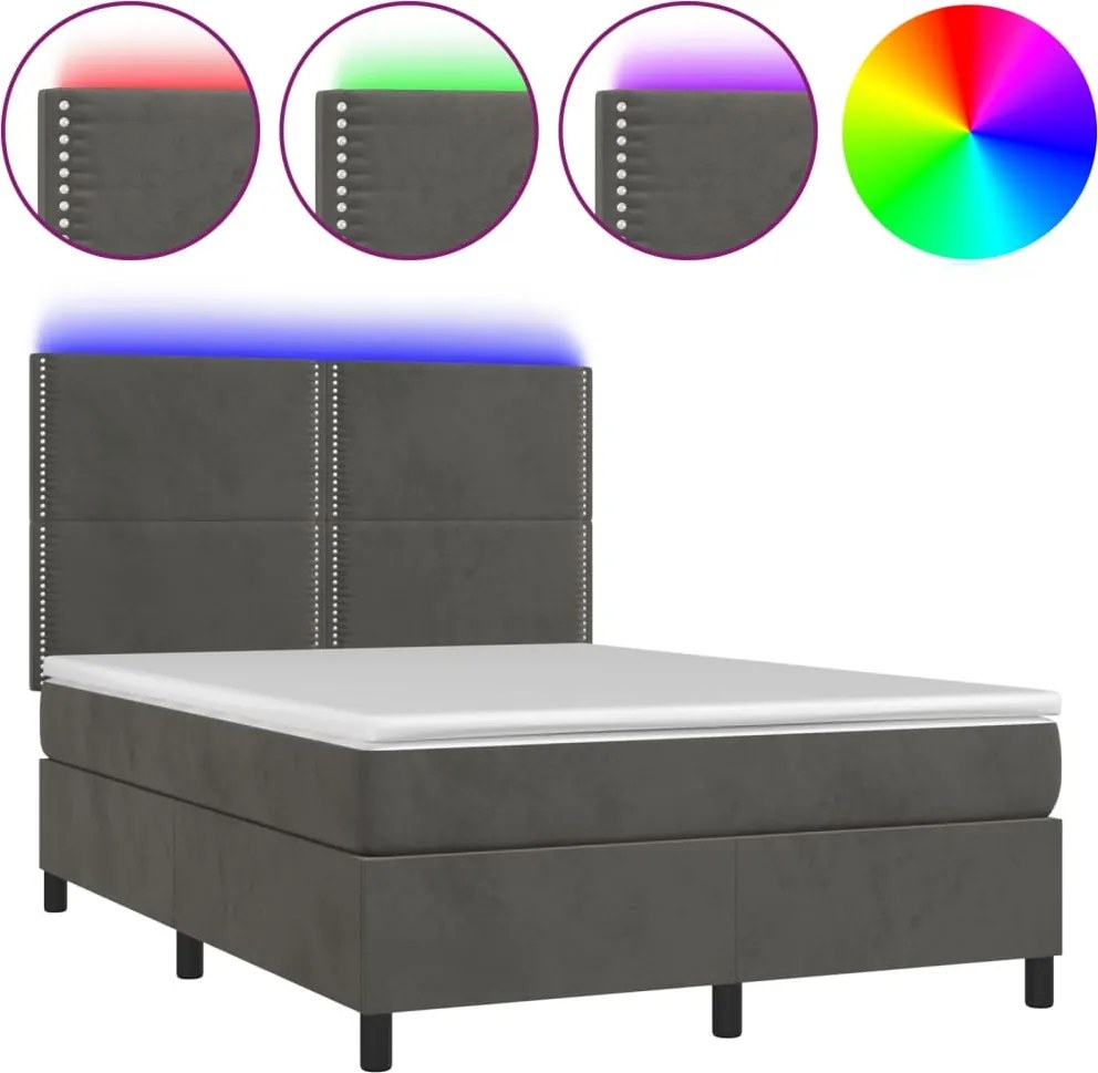 vidaXL sötétszürke bársony rugós és LED-es ágy matraccal 140x200 cm