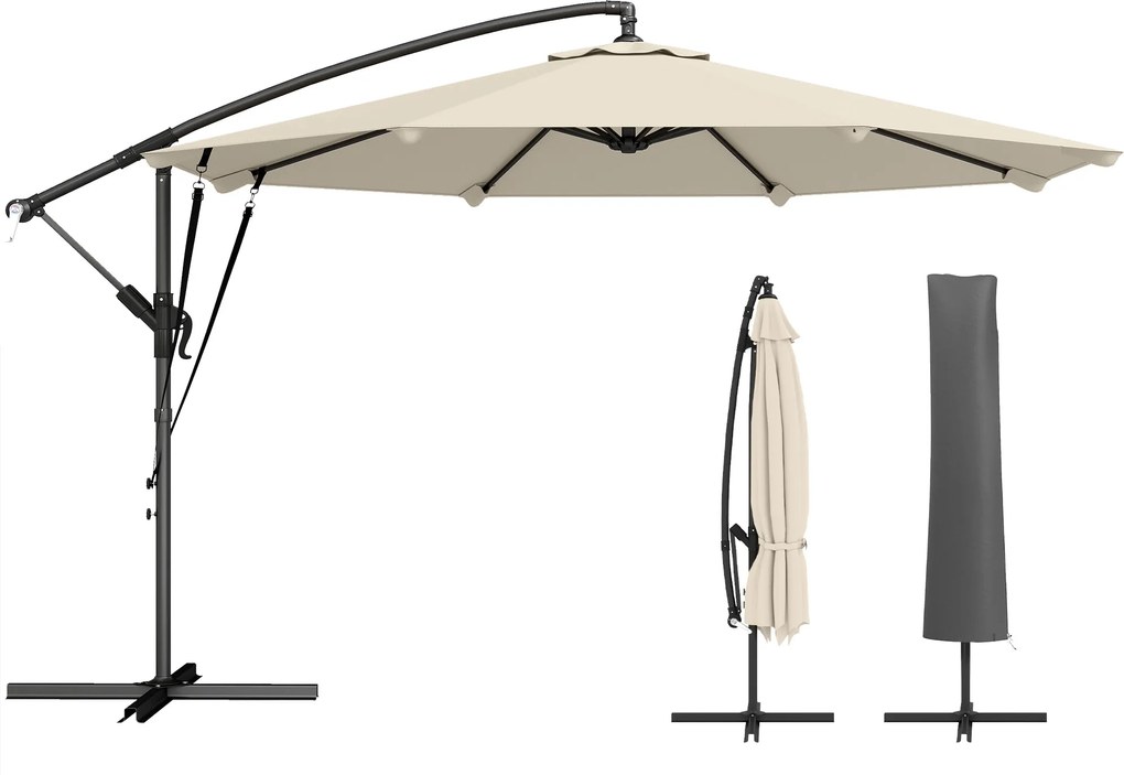 Outsunny oldaltartós napernyő ~ Ø 3,0 m | Dönthető, hajtókarral, keresztlábazattal, kitámasztó kötelekkel és huzattal – krémfehér | Aosom