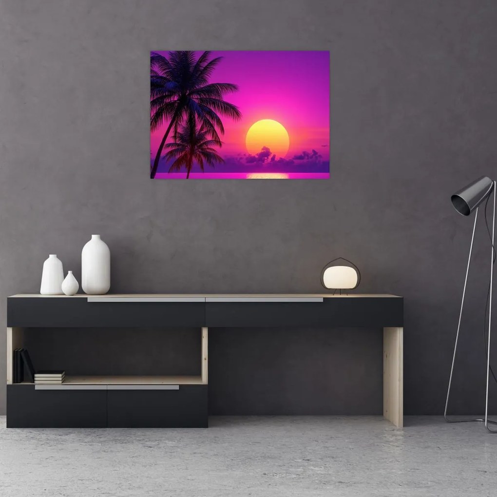 Kép - Lila naplemente pálmafával (70x50 cm)