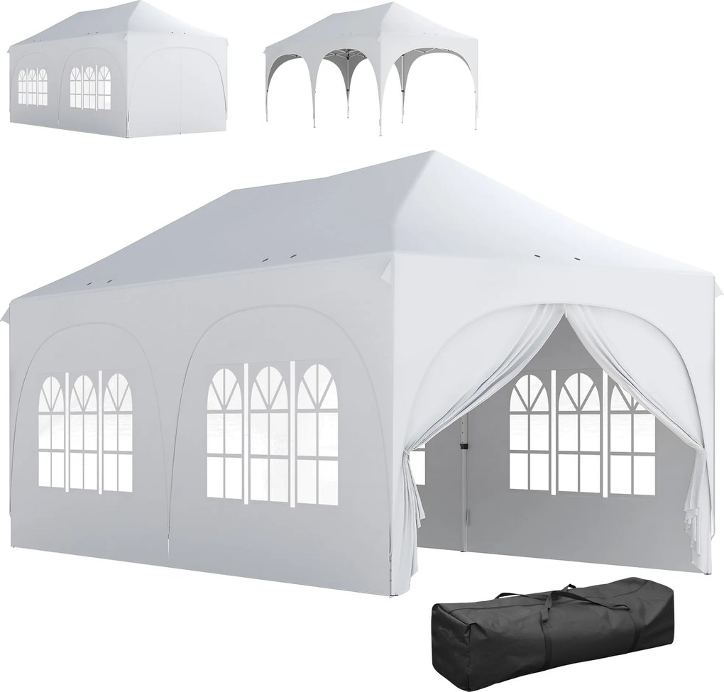 Outsunny 3 x 6 m vízálló pop-up pavilon — állítható magasság, csúcsos tető, vízelvezető szellőzők, levehető oldalfalak, UPF30+ — fehér | Aosom