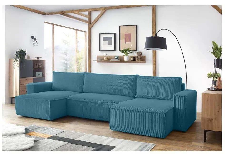 Türkiz kordbársony kinyitható sarokkanapé Nihad – Bobochic Paris