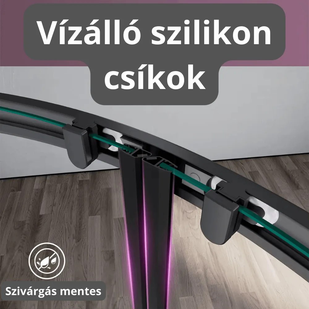 Stuxi Delhi Black 90x90 cm íves két tolóajtós zuhanykabin 6 mm vízlepergető biztonsági üveggel, fekete elemekkel, 190 cm magas