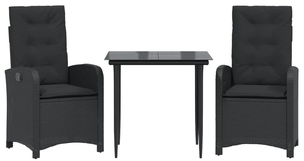 3 részes fekete polyrattan kerti étkezőgarnitúra párnákkal