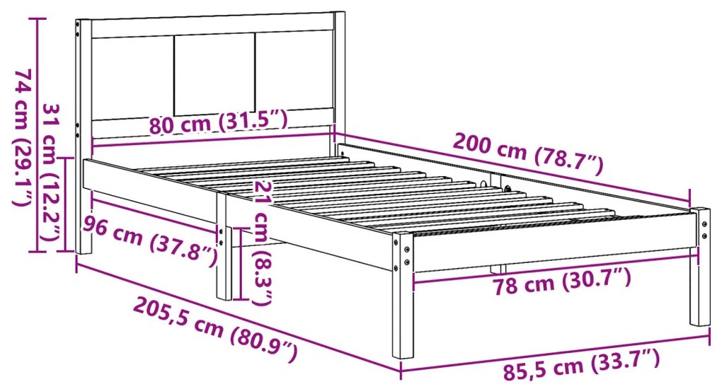 Tömör Fenyő Ágykeret Természetes Tömör Fa 80 x 200 cm Tartós