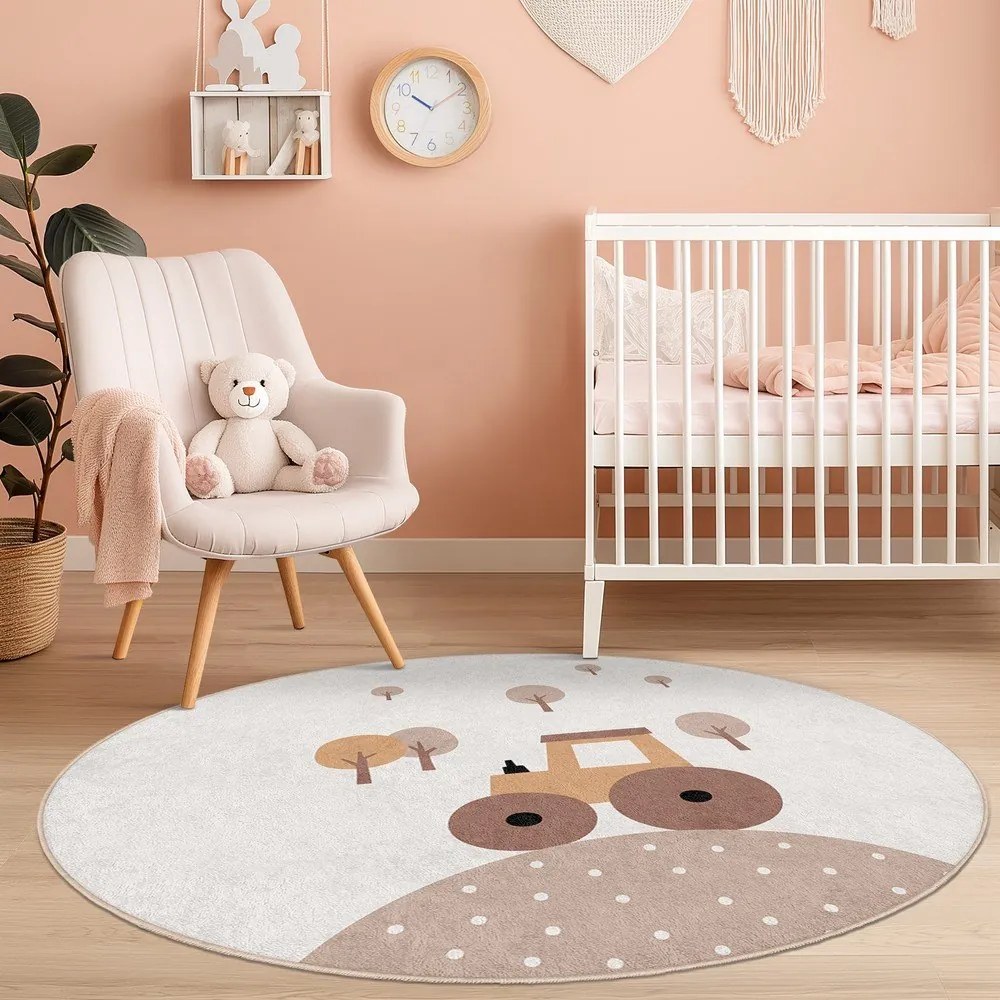 Bézs mosható gyerek szőnyeg ø100 cm Tractor World – Mila Home