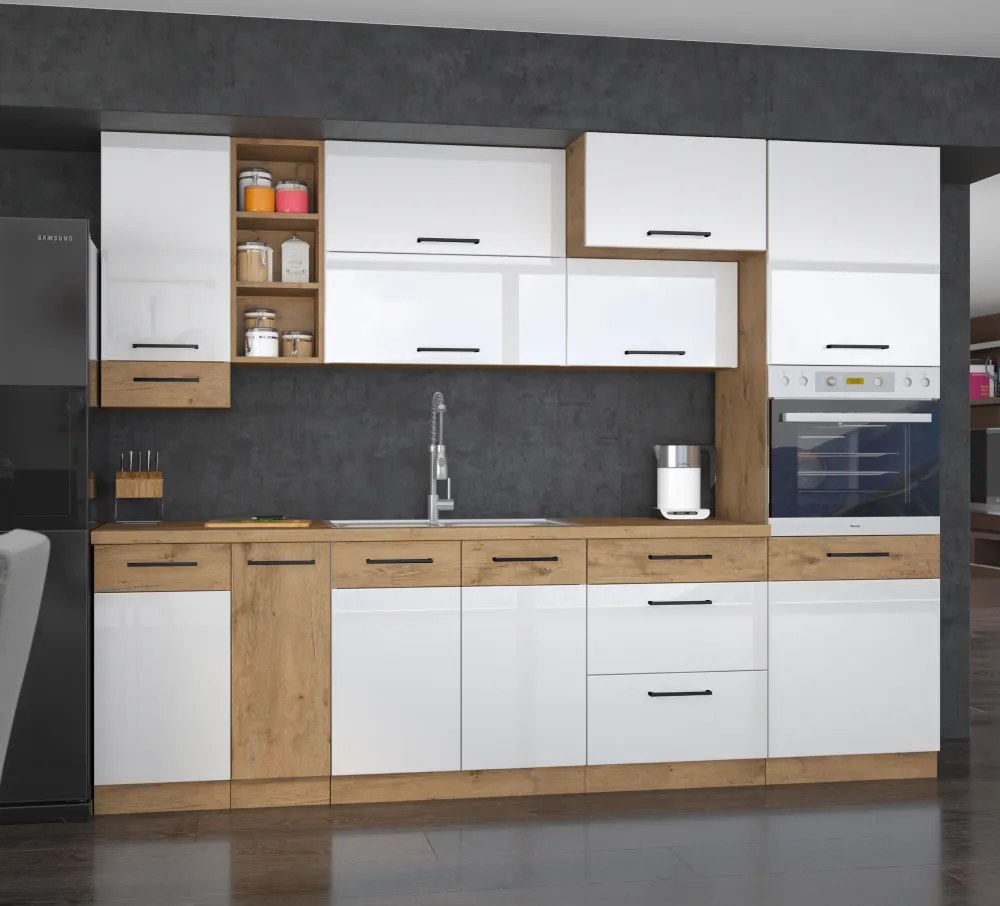 Magas szekrény beépített sütőnek, lancelot tölgy/ fehér extra magas fényű HG, VEGA 60 DP-210 2F