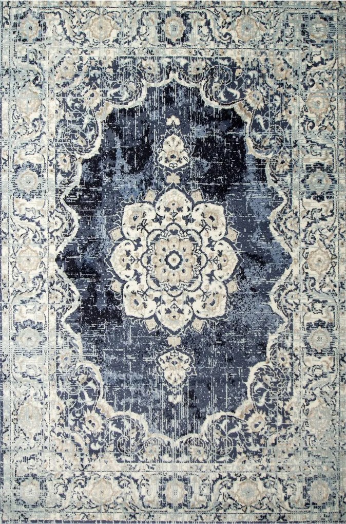 Díszszszőnyeg Dörzsölt Virágok Sötétkék Krémszínű Victoria 100x200 cm
