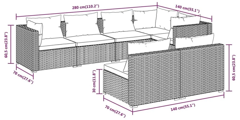 7 részes barna polyrattan kerti bútorszett párnákkal