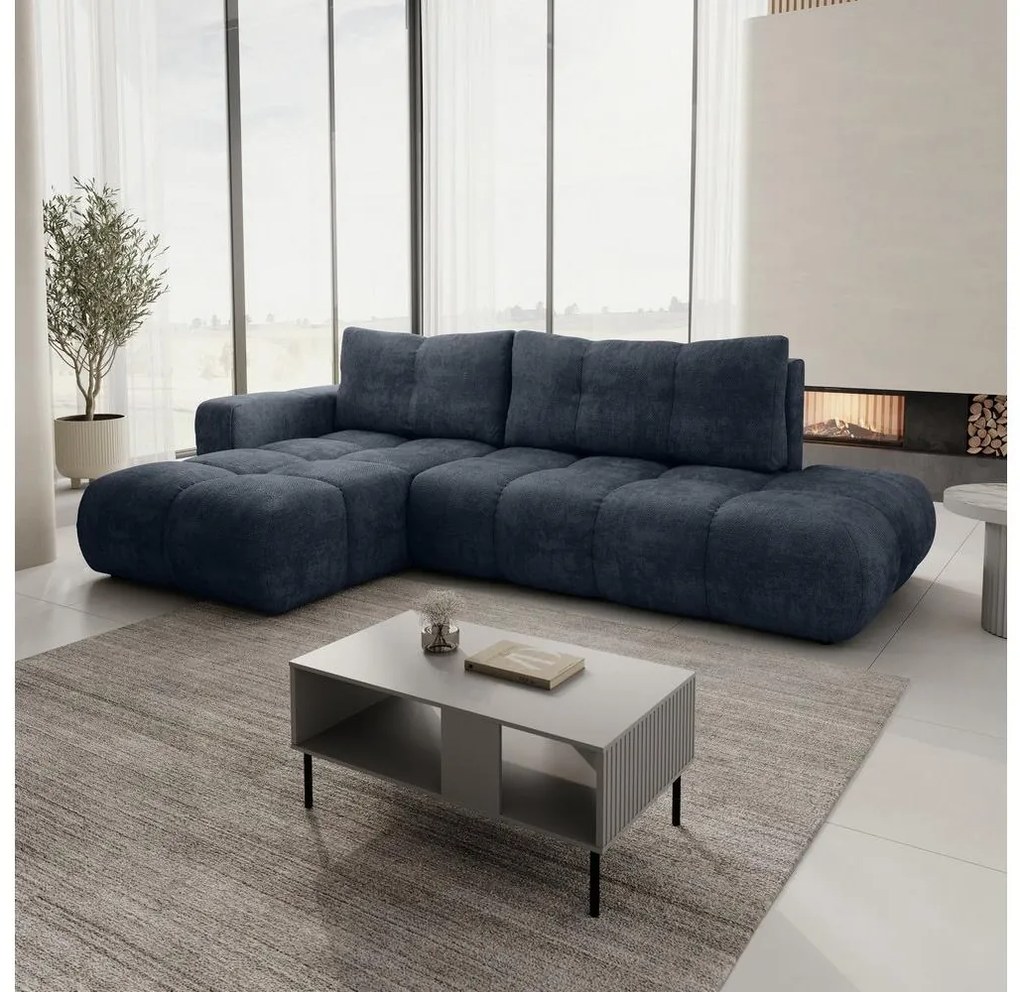 ALMADA kinyitható L-alakú kárpitozott sarokkanapé tárolóval, balos, kék