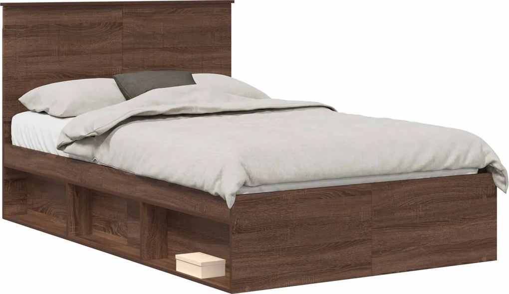 vidaXL Ágykeret fejtámlával Barna Tölgy 120 x 200 cm Tömör fenyőfa
