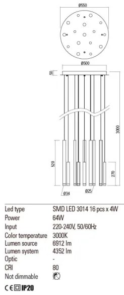 Redo 01-2058 - LED Csillár zsinóron MADISON 16xLED/4W/230V arany
